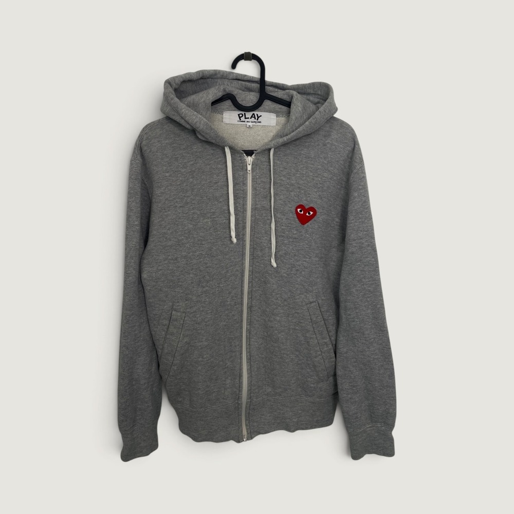 Comme des Garcons Play Zip Hoodie Red Heart Grey Small